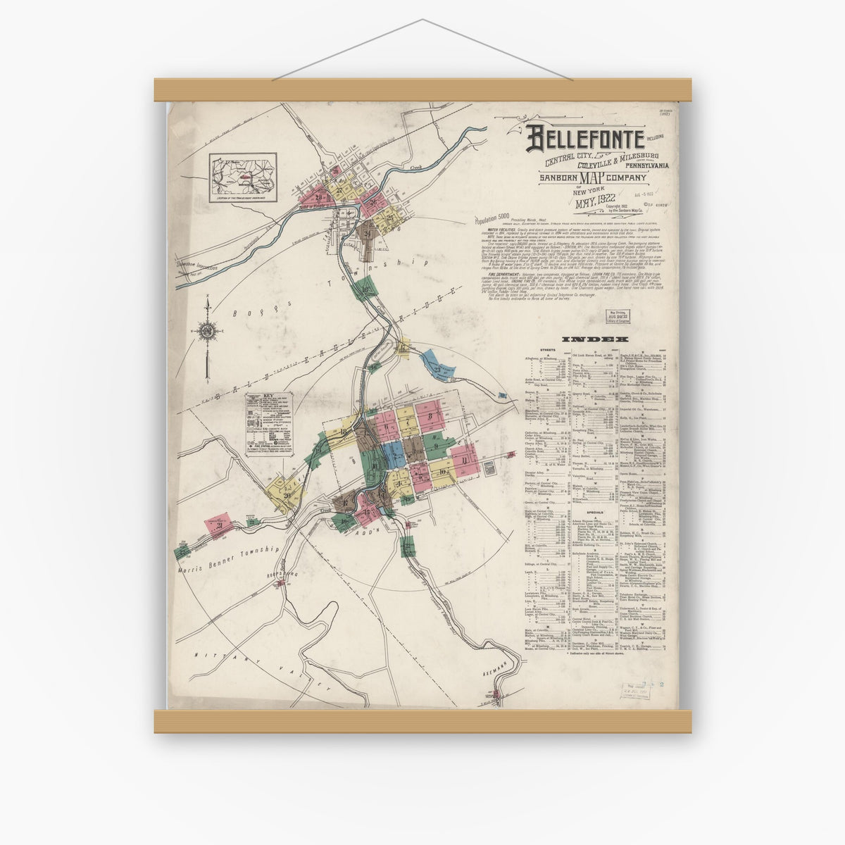 Old map wall art mockup — magnetic wood frame on white wall — Sanborn Fire Insurance Map from Bellefonte, Centre County, Pennsylvania (1922) - Complete Map Set