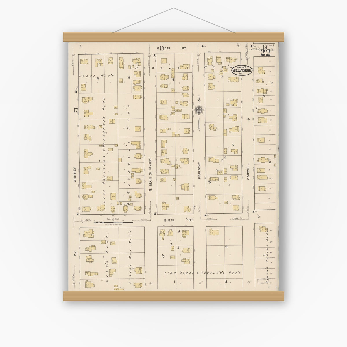 Old map wall art mockup — magnetic wood frame on white wall — Sanborn Fire Insurance Map from Belvidere, Boone County, Illinois (1922), Sheet #0022