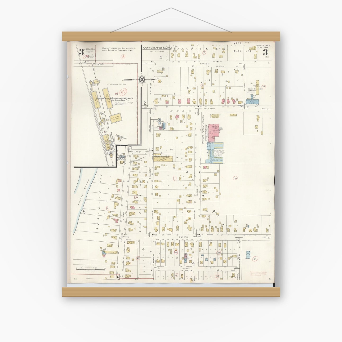 Old map wall art mockup — magnetic wood frame on white wall — Sanborn Fire Insurance Map from Dundee, Monroe County, Michigan (1949), Sheet #0003