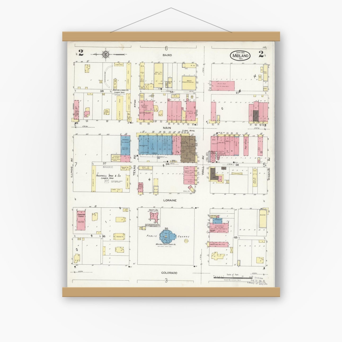 Old map wall art mockup — magnetic wood frame on white wall — Sanborn Fire Insurance Map from Midland, Midland County, Texas (1925), Sheet #0002