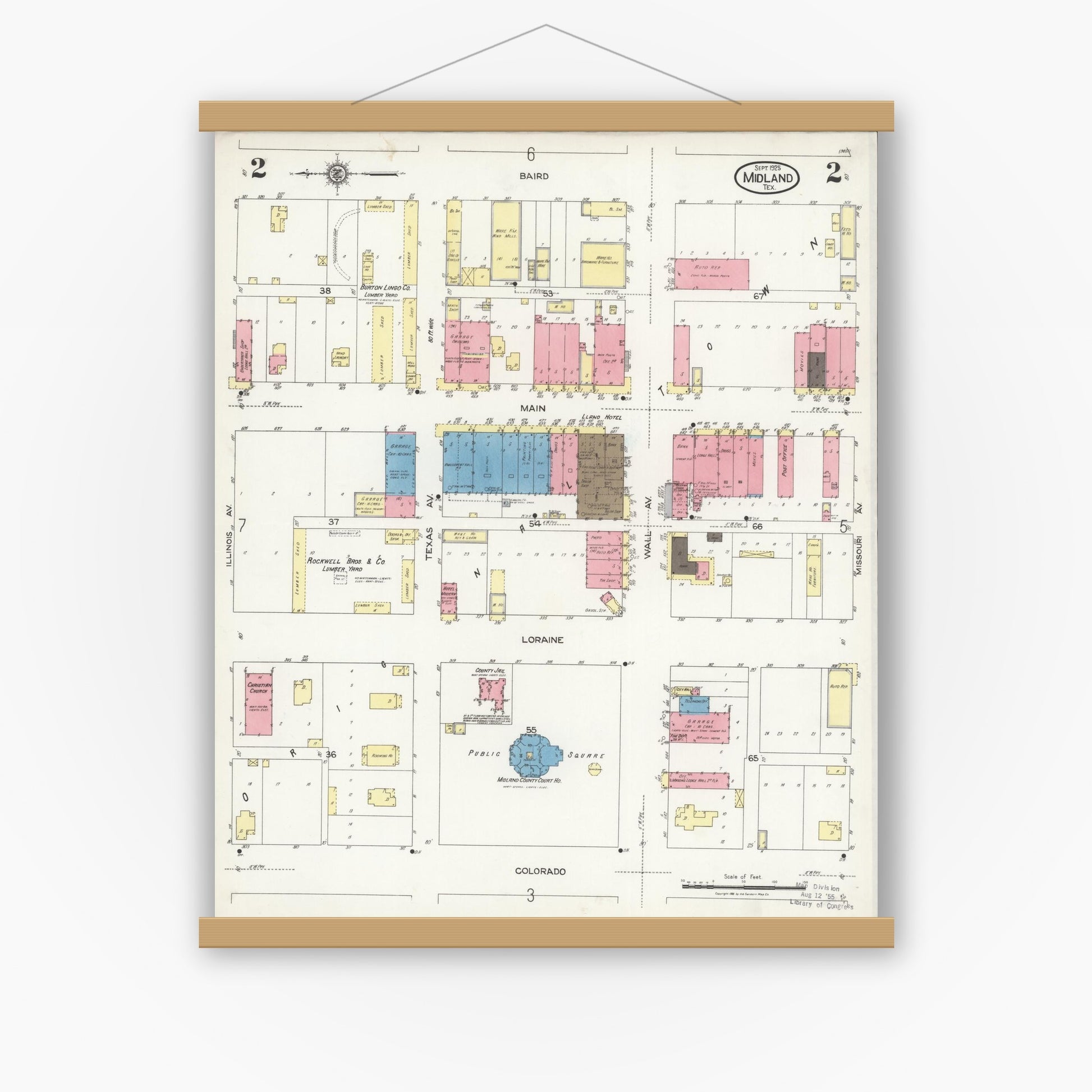 Old map wall art mockup — magnetic wood frame on white wall — Sanborn Fire Insurance Map from Midland, Midland County, Texas (1925), Sheet #0002