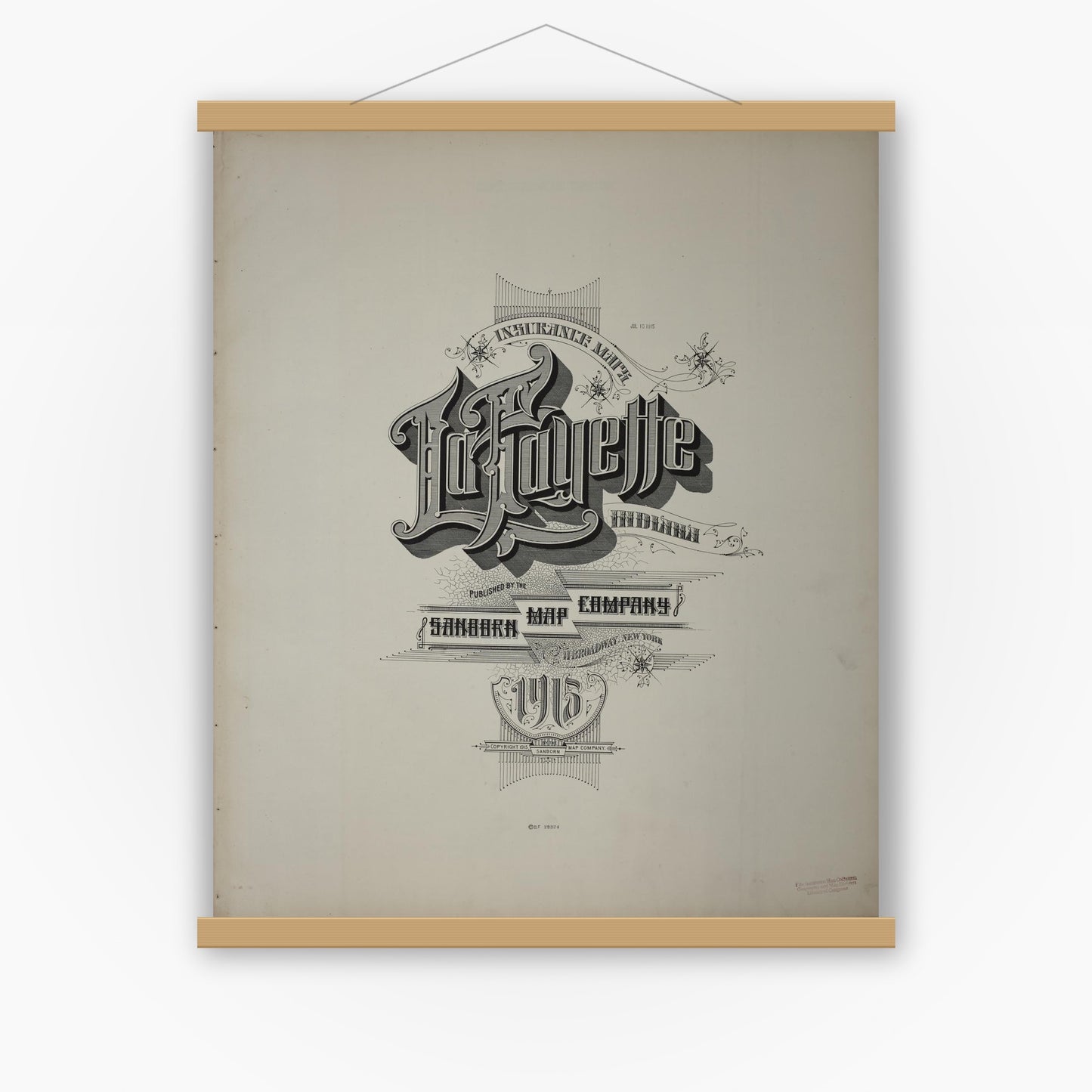 Old map wall art mockup — magnetic wood frame on white wall — Sanborn Fire Insurance Map from Lafayette, Tippecanoe County, Indiana (1915), Sheet #0001