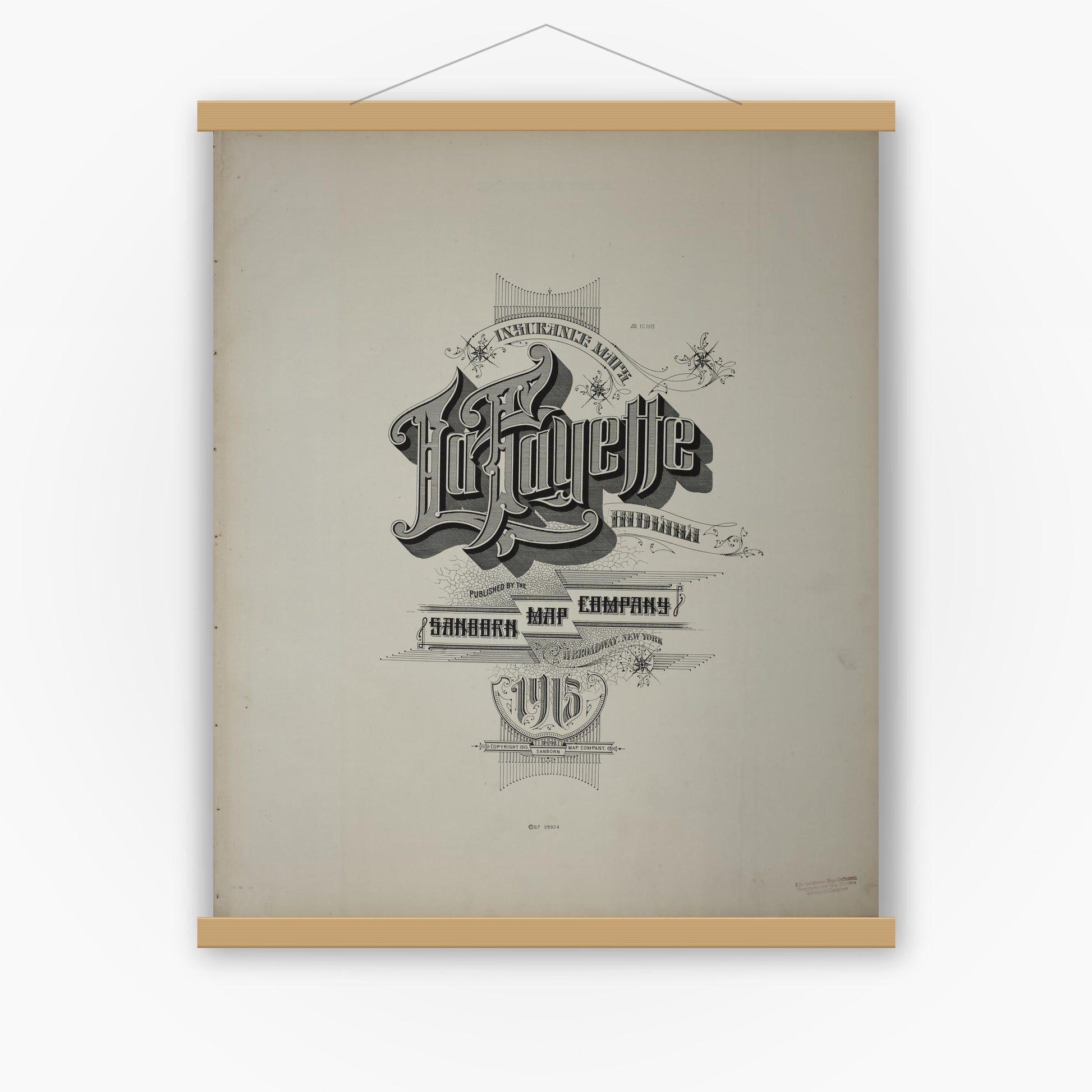 Old map wall art mockup — magnetic wood frame on white wall — Sanborn Fire Insurance Map from Lafayette, Tippecanoe County, Indiana (1915), Sheet #0001