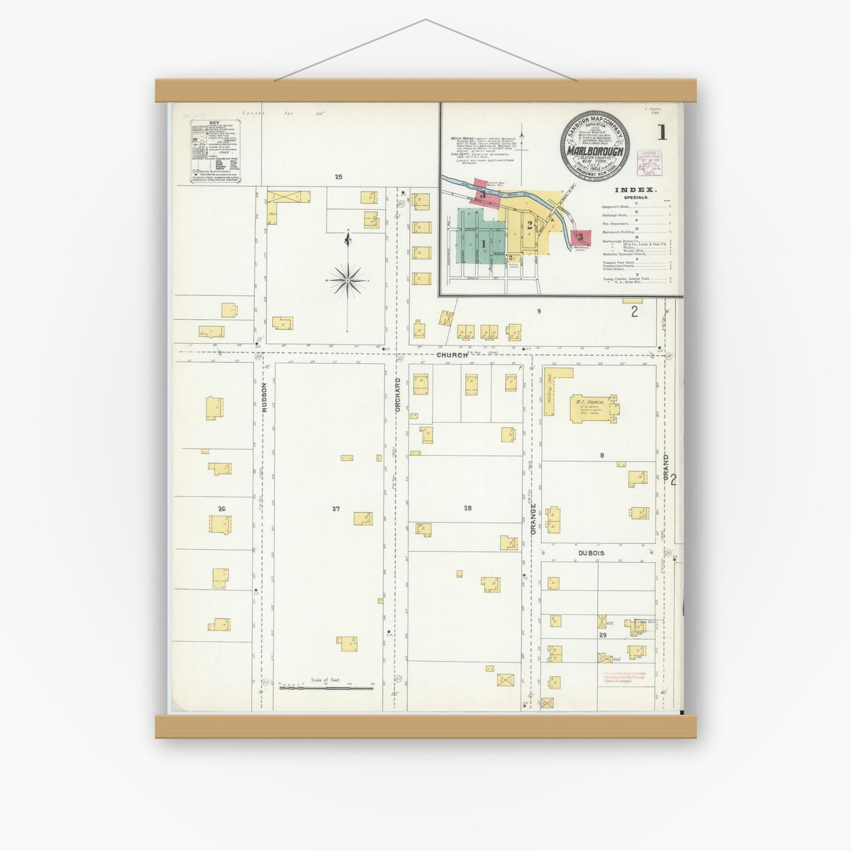 Old map wall art mockup — magnetic wood frame on white wall — Sanborn Fire Insurance Map from Marlborough, Ulster County, New York (1905), Sheet #0001