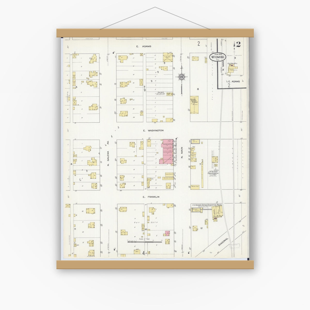 Old map wall art mockup — magnetic wood frame on white wall — Sanborn Fire Insurance Map from Wyoming, Stark County, Illinois (1913), Sheet #0002