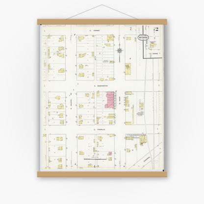 Old map wall art mockup — magnetic wood frame on white wall — Sanborn Fire Insurance Map from Wyoming, Stark County, Illinois (1913), Sheet #0002