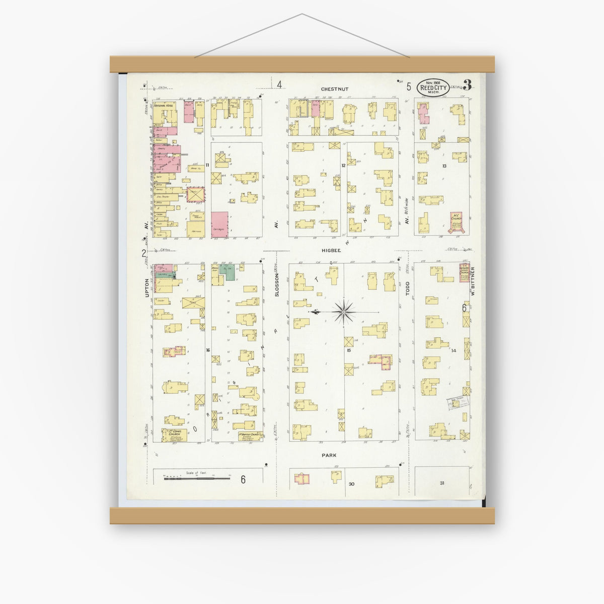 Old map wall art mockup — magnetic wood frame on white wall — Sanborn Fire Insurance Map from Reed City, Osceola County, Michigan (1908), Sheet #0003