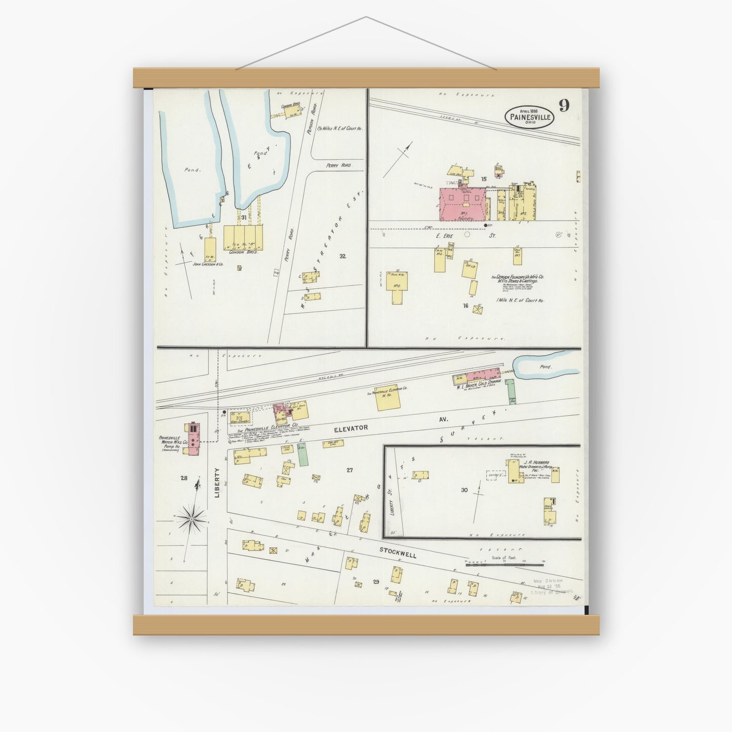 Old map wall art mockup — magnetic wood frame on white wall — Sanborn Fire Insurance Map from Painesville, Lake County, Ohio (1898), Sheet #0009