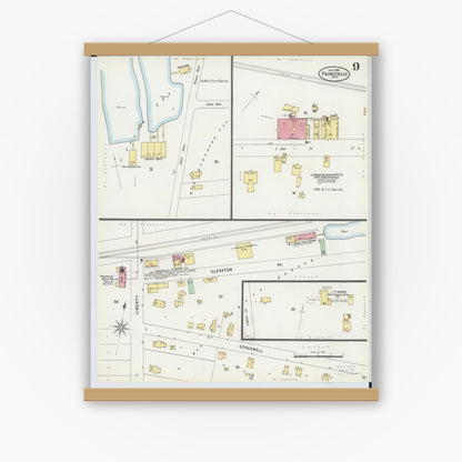 Old map wall art mockup — magnetic wood frame on white wall — Sanborn Fire Insurance Map from Painesville, Lake County, Ohio (1898), Sheet #0009