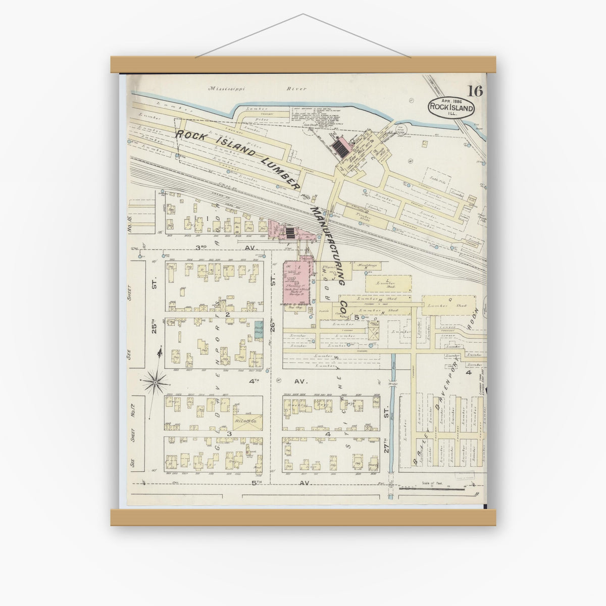 Old map wall art mockup — magnetic wood frame on white wall — Sanborn Fire Insurance Map from Rock Island, Rock Island County, Illinois (1886), Sheet #0016