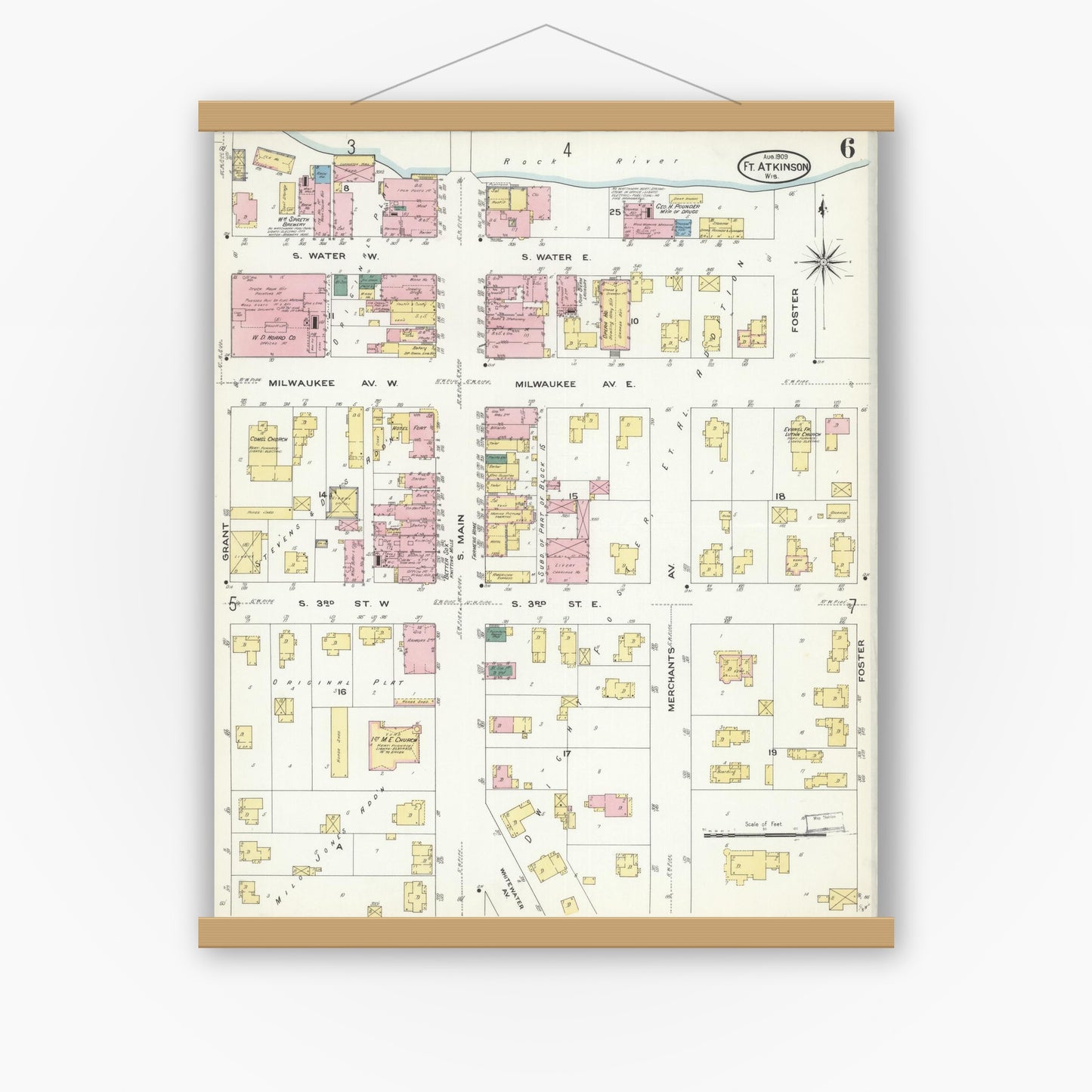 Old map wall art mockup — magnetic wood frame on white wall — Sanborn Fire Insurance Map from Fort Atkinson, Jefferson County, Wisconsin (1909), Sheet #0006