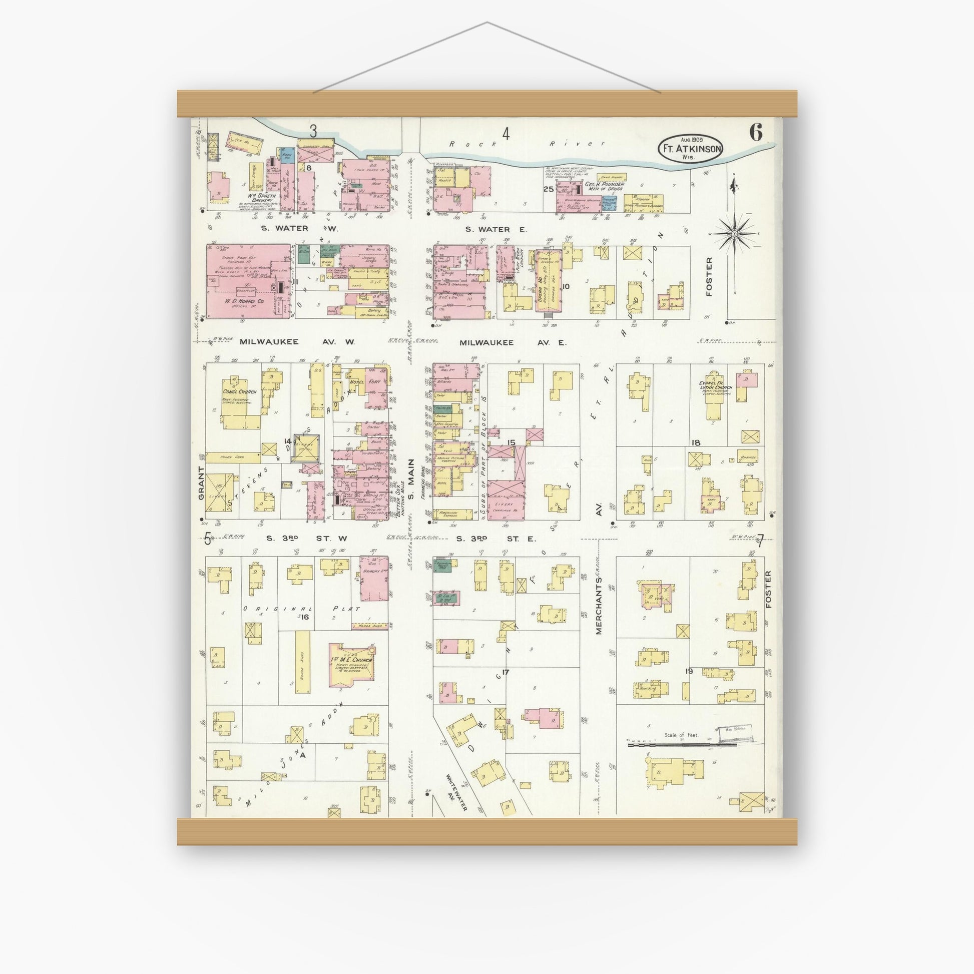 Old map wall art mockup — magnetic wood frame on white wall — Sanborn Fire Insurance Map from Fort Atkinson, Jefferson County, Wisconsin (1909), Sheet #0006