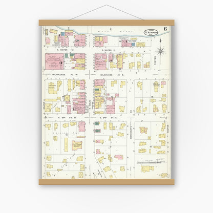 Old map wall art mockup — magnetic wood frame on white wall — Sanborn Fire Insurance Map from Fort Atkinson, Jefferson County, Wisconsin (1909), Sheet #0006