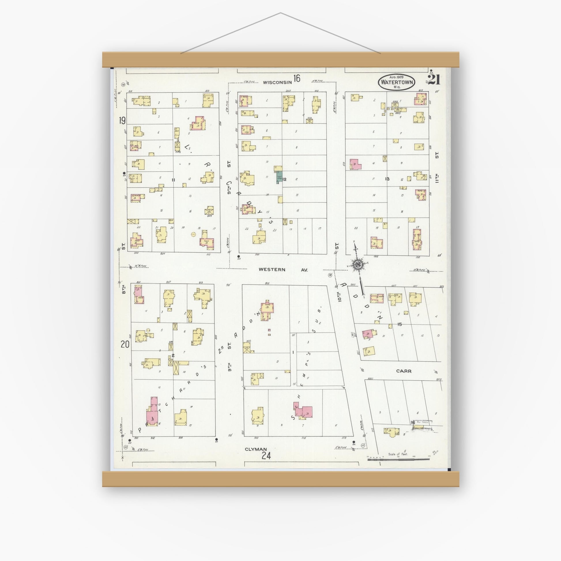 Old map wall art mockup — magnetic wood frame on white wall — Sanborn Fire Insurance Map from Watertown, Jefferson County, Wisconsin (1909), Sheet #0021