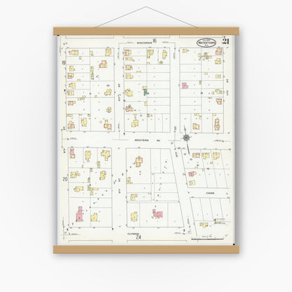 Old map wall art mockup — magnetic wood frame on white wall — Sanborn Fire Insurance Map from Watertown, Jefferson County, Wisconsin (1909), Sheet #0021