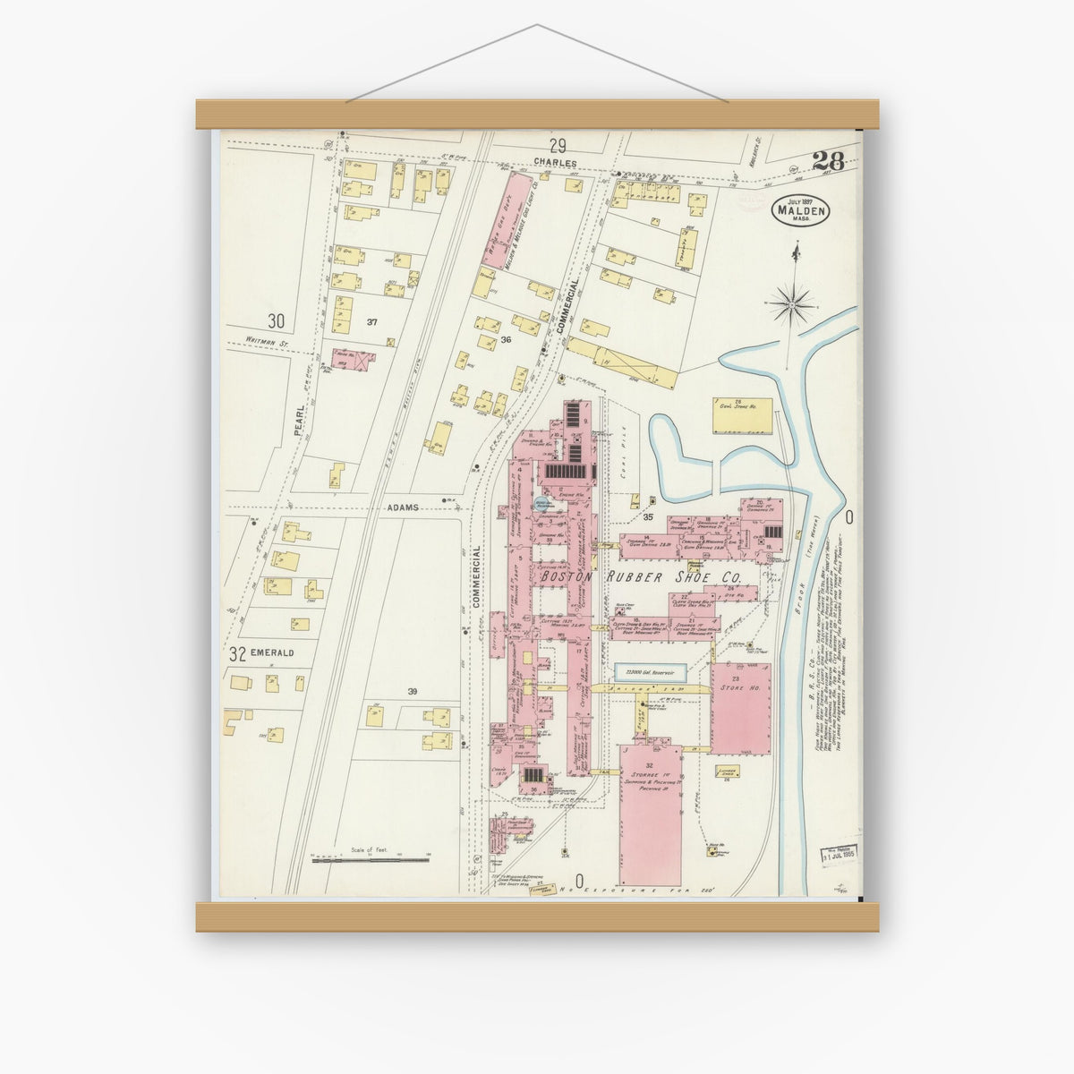 Old map wall art mockup — magnetic wood frame on white wall — Sanborn Fire Insurance Map from Malden, Middlesex County, Massachusetts (1897), Sheet #0028