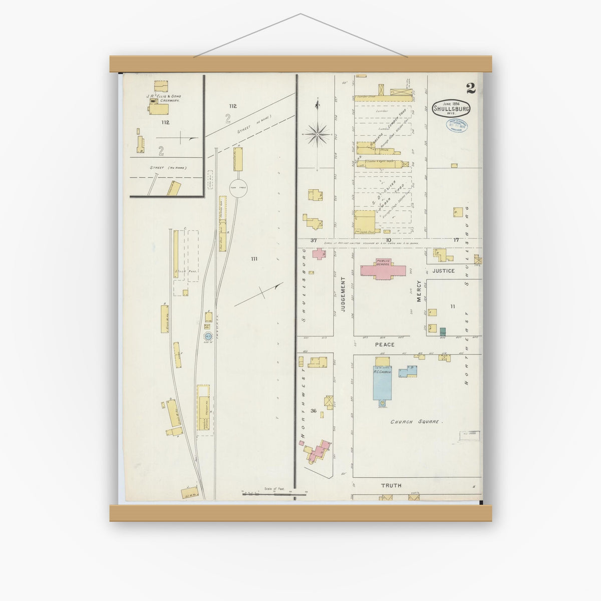 Old map wall art mockup — magnetic wood frame on white wall — Sanborn Fire Insurance Map from Shullsburg, Lafayette County, Wisconsin (1894), Sheet #0002