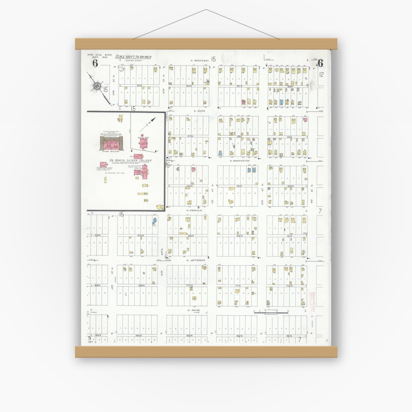 Old map wall art mockup — magnetic wood frame on white wall — Sanborn Fire Insurance Map from New Ulm, Brown County, Minnesota (1935), Sheet #0006