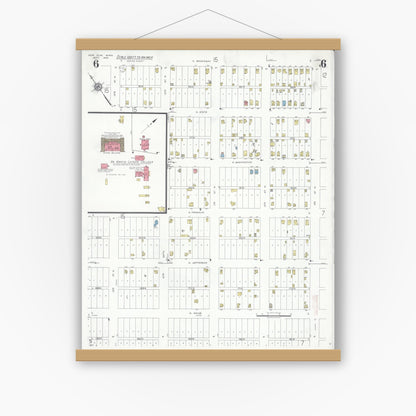 Old map wall art mockup — magnetic wood frame on white wall — Sanborn Fire Insurance Map from New Ulm, Brown County, Minnesota (1935), Sheet #0006