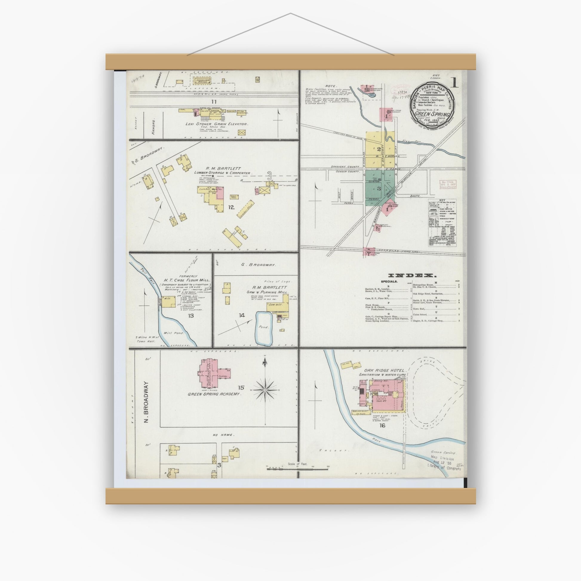 Old map wall art mockup — magnetic wood frame on white wall — Sanborn Fire Insurance Map from Green Springs, Sandusky And Seneca Counties, Ohio (1893) - Complete Map Set