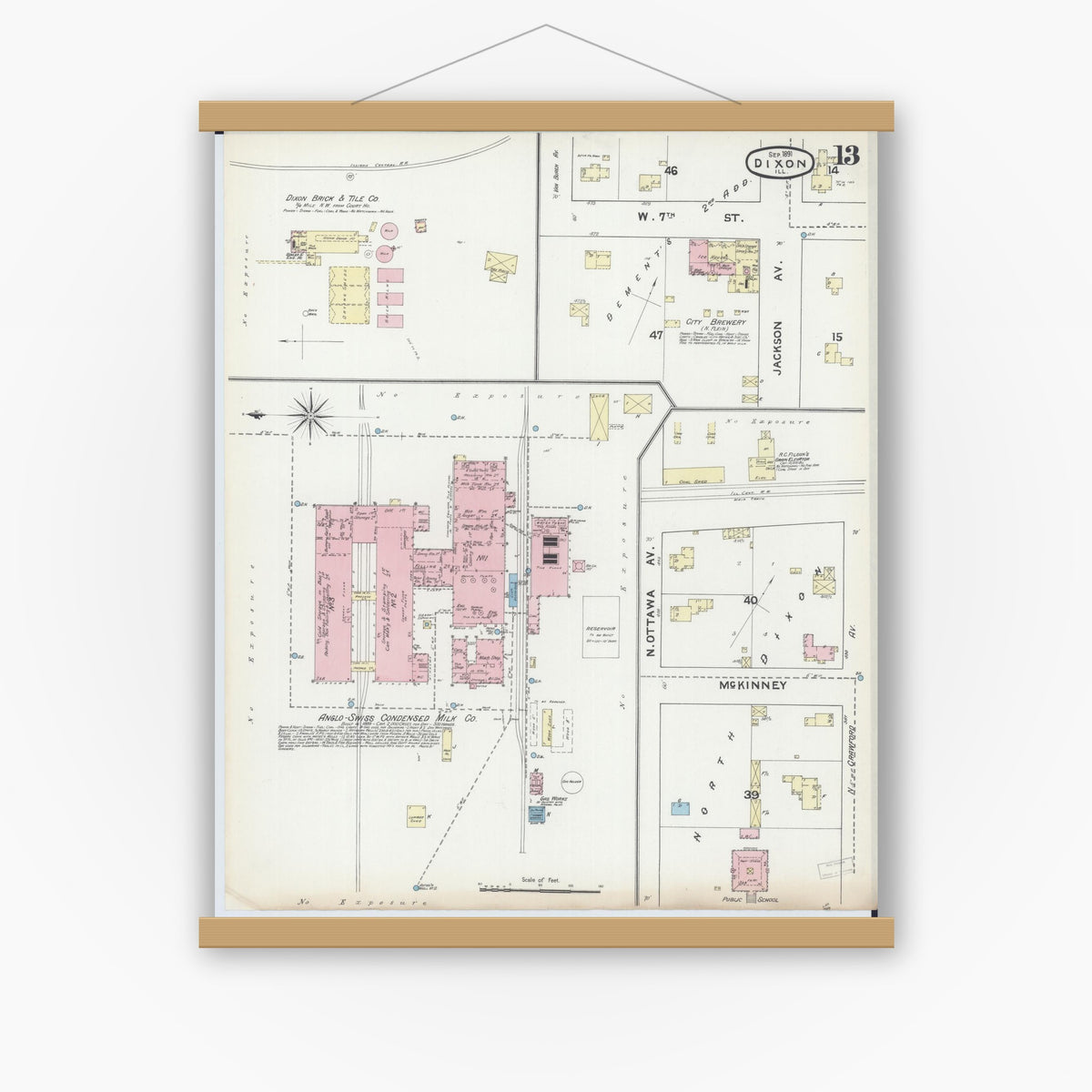 Old map wall art mockup — magnetic wood frame on white wall — Sanborn Fire Insurance Map from Dixon, Lee County, Illinois (1891), Sheet #0013