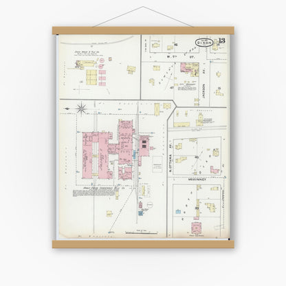 Old map wall art mockup — magnetic wood frame on white wall — Sanborn Fire Insurance Map from Dixon, Lee County, Illinois (1891), Sheet #0013