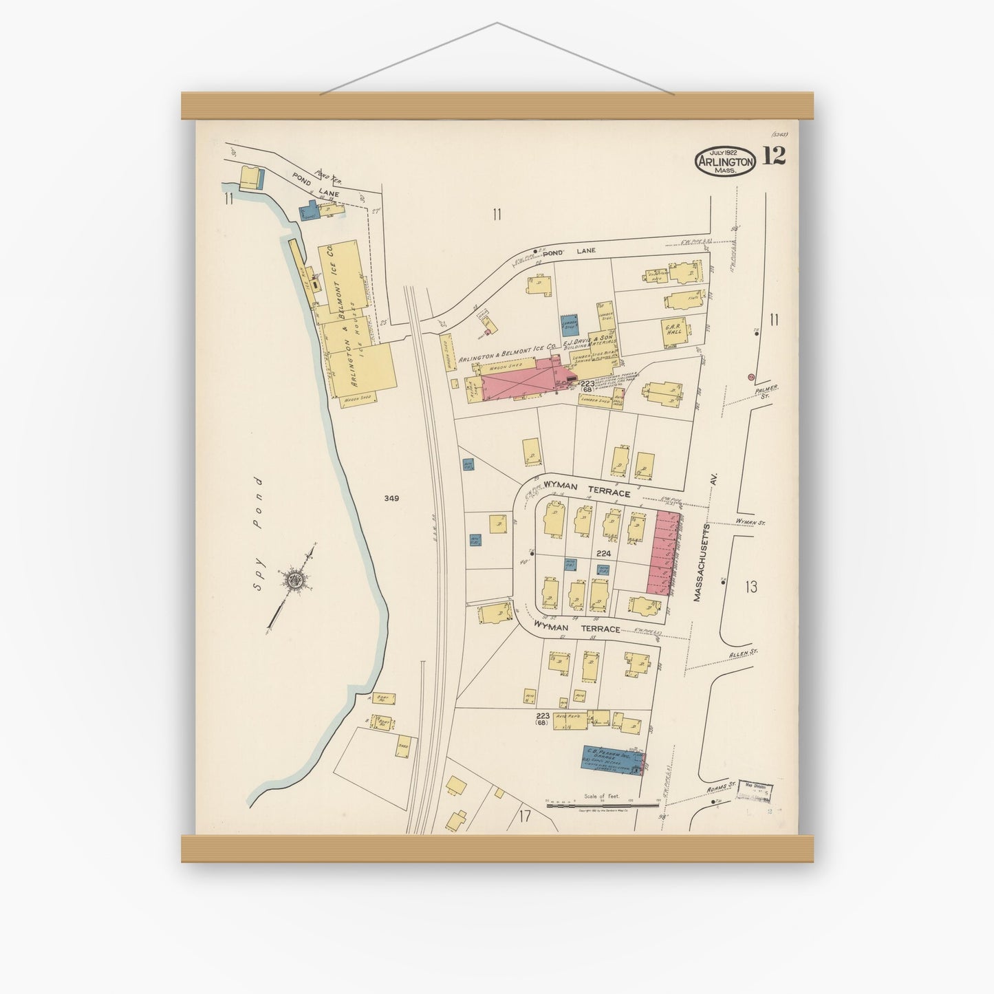Old map wall art mockup — magnetic wood frame on white wall — Sanborn Fire Insurance Map from Arlington, Middlesex County, Massachusetts (1922), Sheet #0012