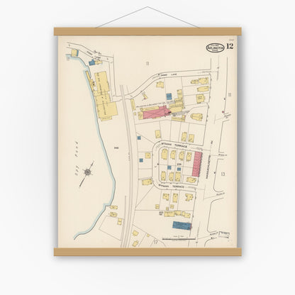 Old map wall art mockup — magnetic wood frame on white wall — Sanborn Fire Insurance Map from Arlington, Middlesex County, Massachusetts (1922), Sheet #0012
