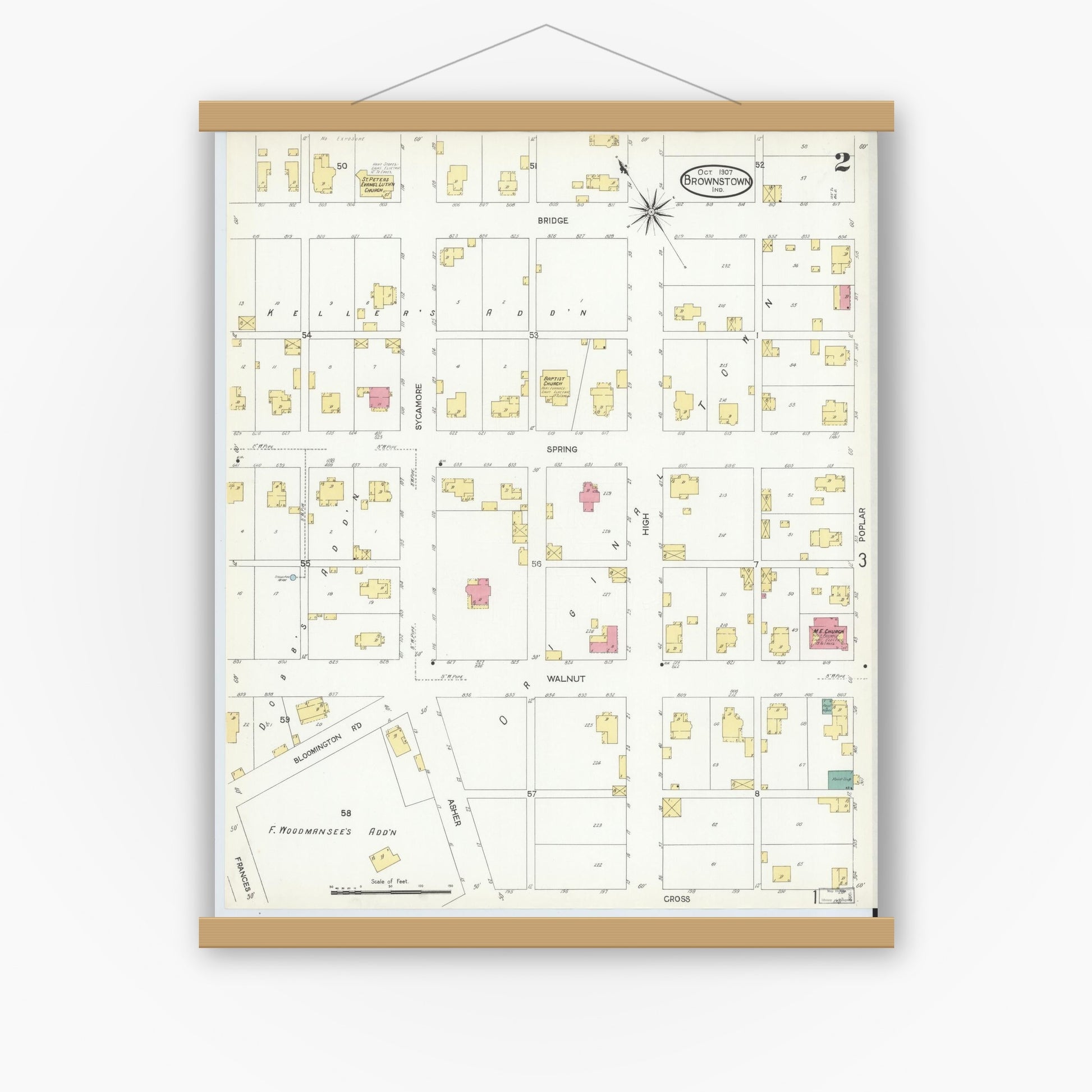 Old map wall art mockup — magnetic wood frame on white wall — Sanborn Fire Insurance Map from Brownstown, Jackson County, Indiana (1907), Sheet #0002