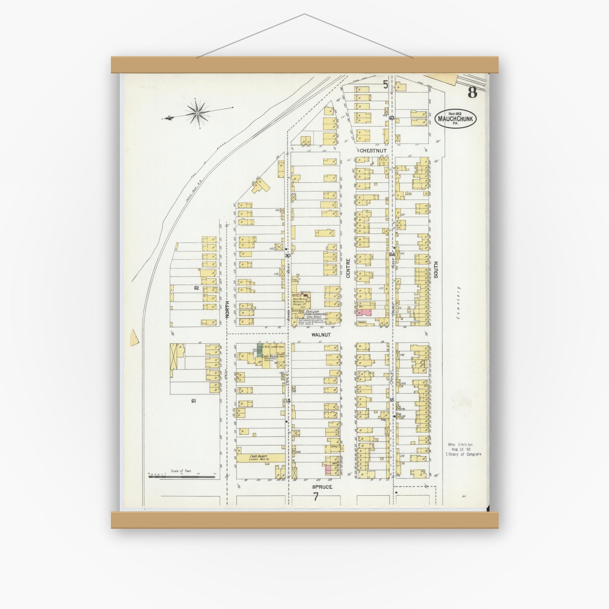 Old map wall art mockup — magnetic wood frame on white wall — Sanborn Fire Insurance Map from Mauch Chunk, Carbon County, Pennsylvania (1902), Sheet #0008