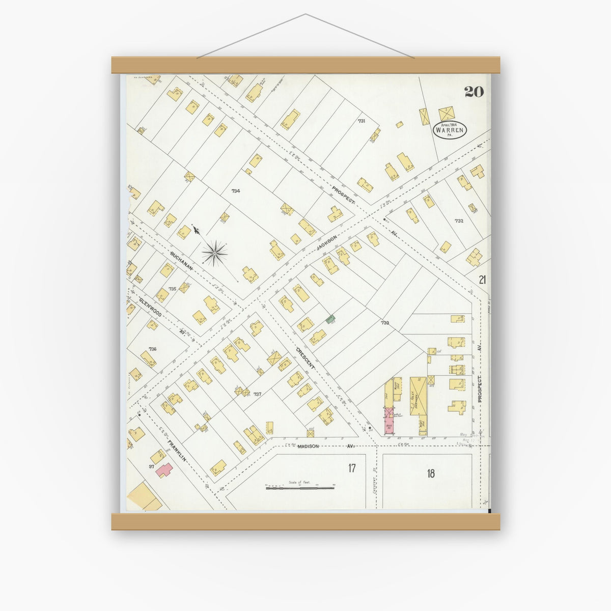 Old map wall art mockup — magnetic wood frame on white wall — Sanborn Fire Insurance Map from Warren, Warren County, Pennsylvania (1904), Sheet #0020