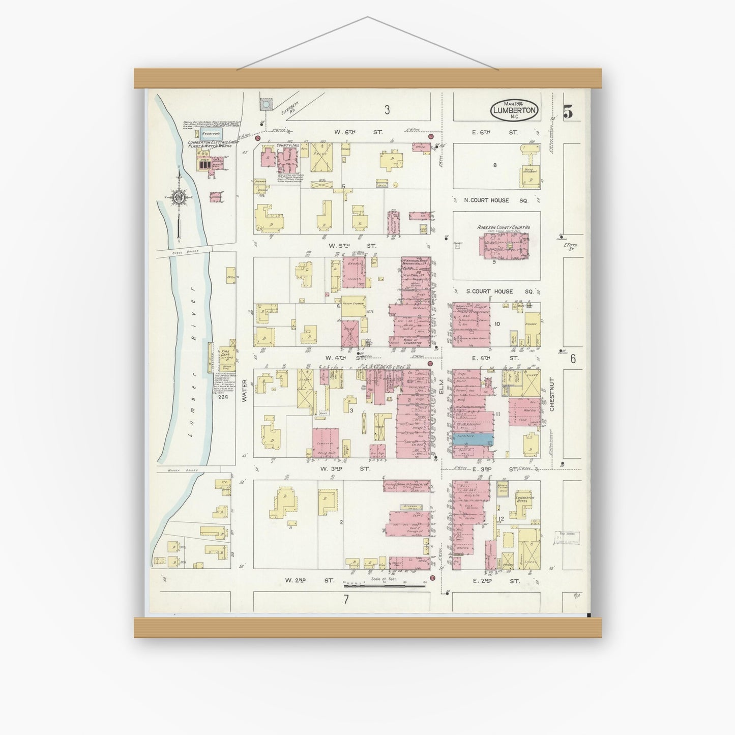 Old map wall art mockup — magnetic wood frame on white wall — Sanborn Fire Insurance Map from Lumberton, Robeson County, North Carolina (1914), Sheet #0005