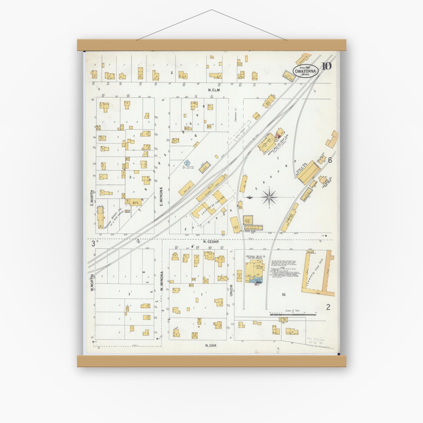 Old map wall art mockup — magnetic wood frame on white wall — Sanborn Fire Insurance Map from Owatonna, Steele County, Minnesota (1900), Sheet #0010