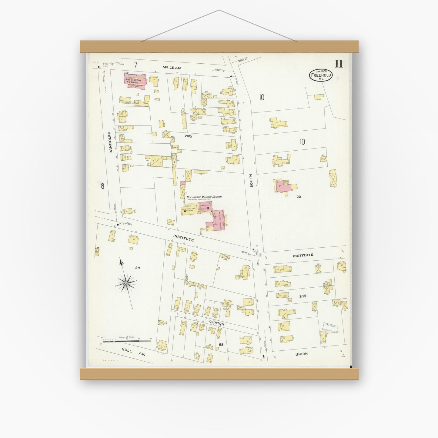 Old map wall art mockup — magnetic wood frame on white wall — Sanborn Fire Insurance Map from Freehold, Monmouth County, New Jersey (1909), Sheet #0011