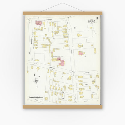 Old map wall art mockup — magnetic wood frame on white wall — Sanborn Fire Insurance Map from Freehold, Monmouth County, New Jersey (1909), Sheet #0011