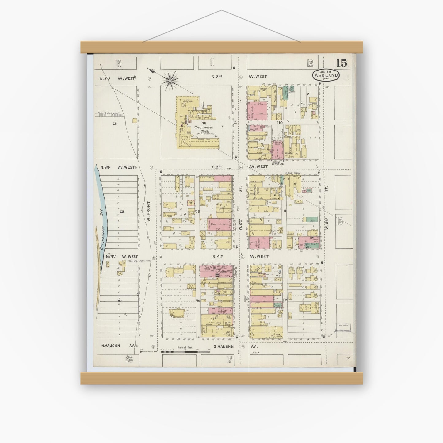 Old map wall art mockup — magnetic wood frame on white wall — Sanborn Fire Insurance Map from Ashland, Ashland County, Wisconsin (1895), Sheet #0015