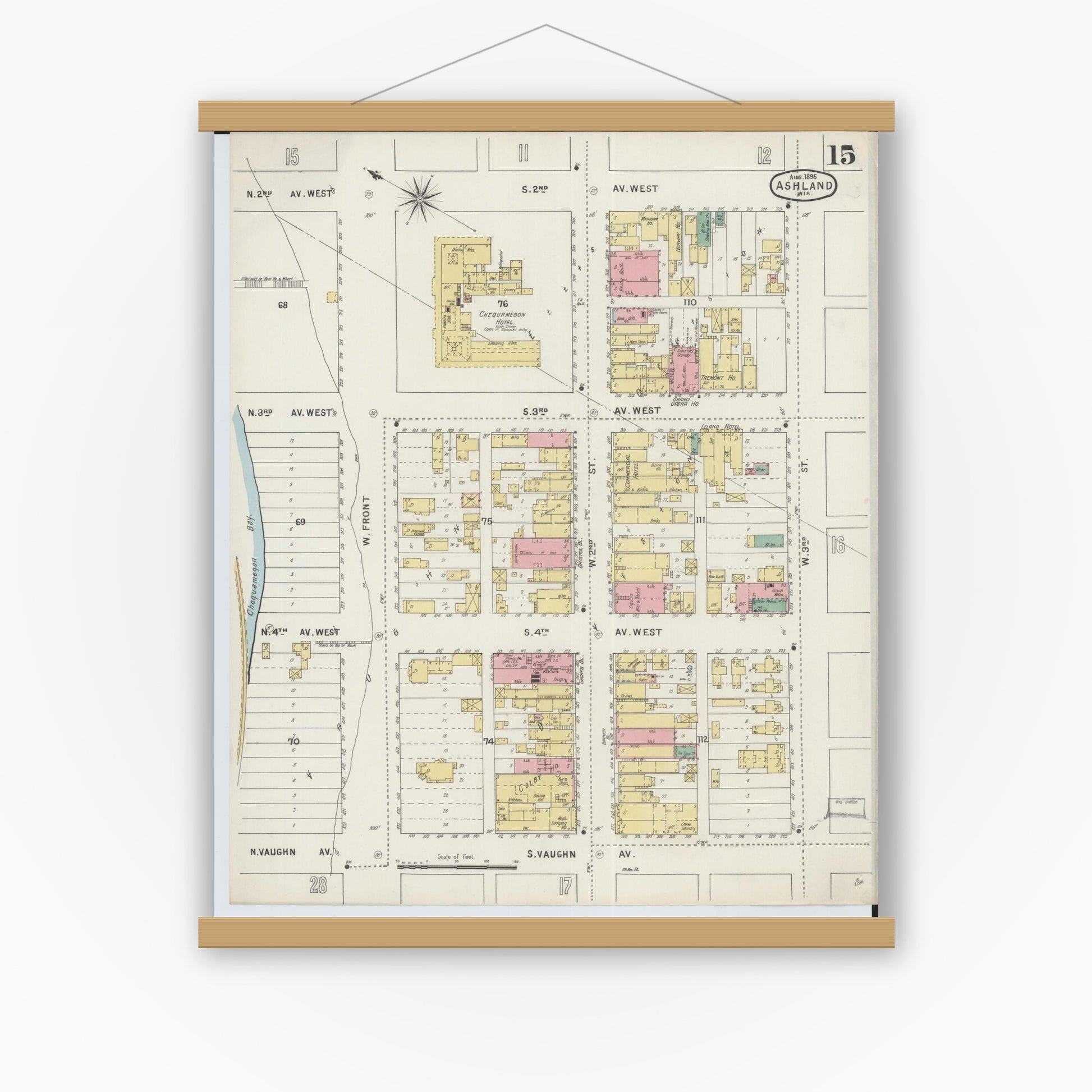 Old map wall art mockup — magnetic wood frame on white wall — Sanborn Fire Insurance Map from Ashland, Ashland County, Wisconsin (1895), Sheet #0015