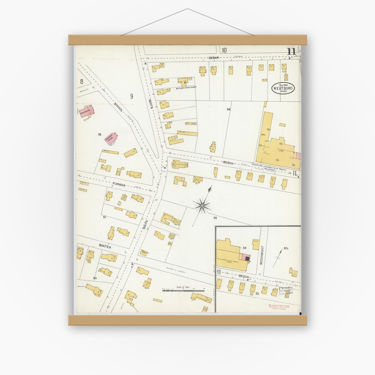 Old map wall art mockup — magnetic wood frame on white wall — Sanborn Fire Insurance Map from Westboro, Worcester County, Massachusetts (1904), Sheet #0011