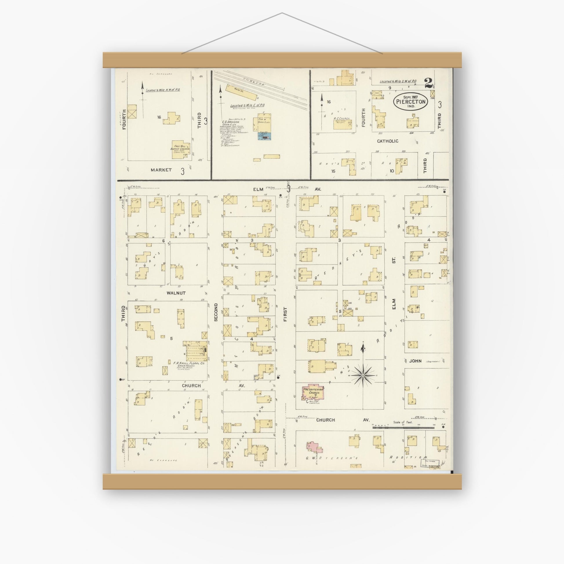 Old map wall art mockup — magnetic wood frame on white wall — Sanborn Fire Insurance Map from Pierceton, Kosciusko County, Indiana (1907), Sheet #0002