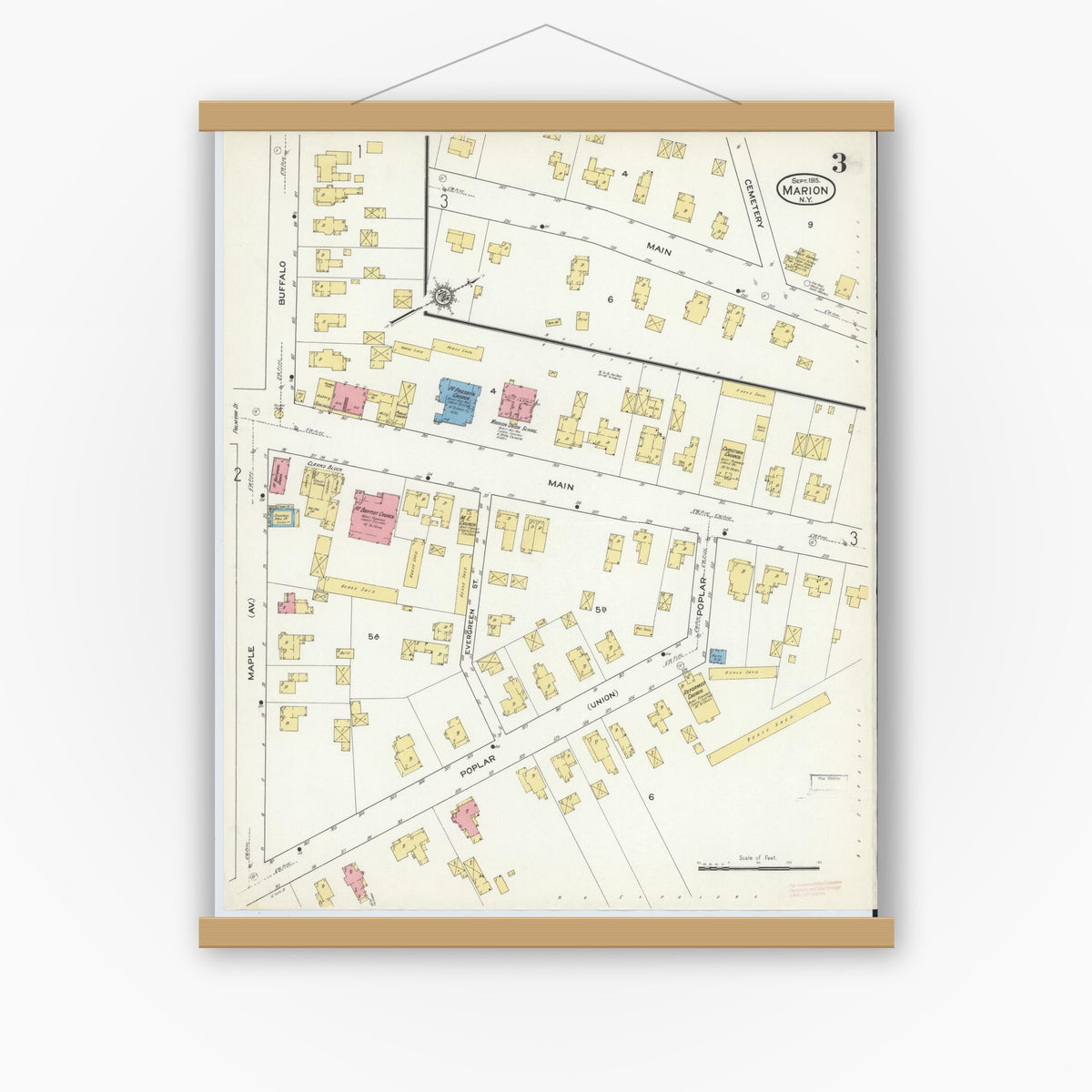 Old map wall art mockup — magnetic wood frame on white wall — Sanborn Fire Insurance Map from Marion, Wayne County, New York (1915), Sheet #0003