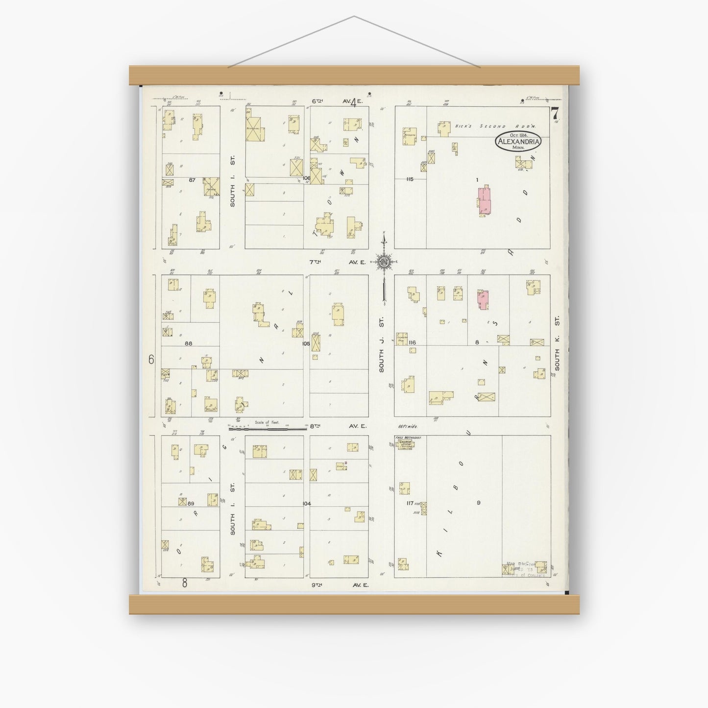 Old map wall art mockup — magnetic wood frame on white wall — Sanborn Fire Insurance Map from Alexandria, Douglas County, Minnesota (1914), Sheet #0007