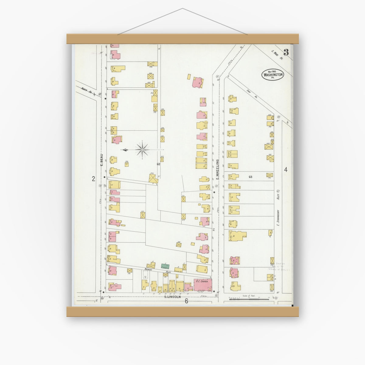 Old map wall art mockup — magnetic wood frame on white wall — Sanborn Fire Insurance Map from Washington, Washington County, Pennsylvania (1900), Sheet #0003