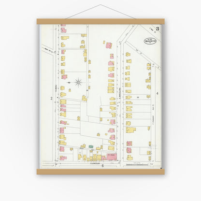 Old map wall art mockup — magnetic wood frame on white wall — Sanborn Fire Insurance Map from Washington, Washington County, Pennsylvania (1900), Sheet #0003