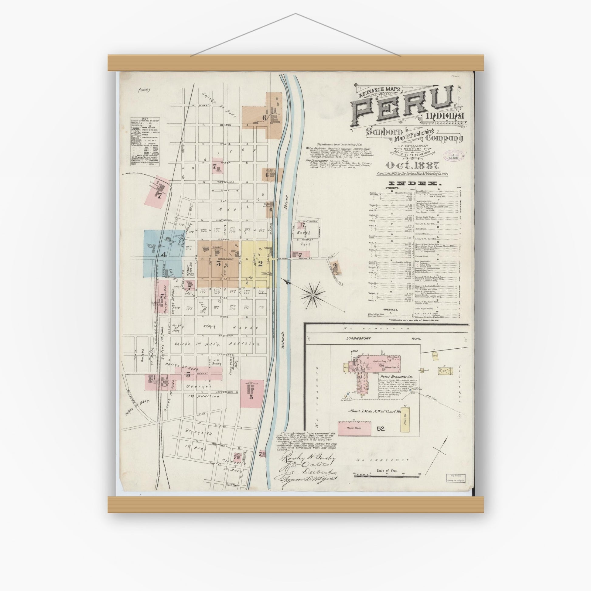 Old map wall art mockup — magnetic wood frame on white wall — Sanborn Fire Insurance Map from Peru, Miami County, Indiana (1887) - Complete Map Set