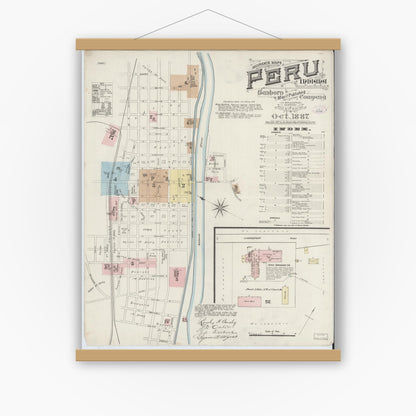 Old map wall art mockup — magnetic wood frame on white wall — Sanborn Fire Insurance Map from Peru, Miami County, Indiana (1887) - Complete Map Set