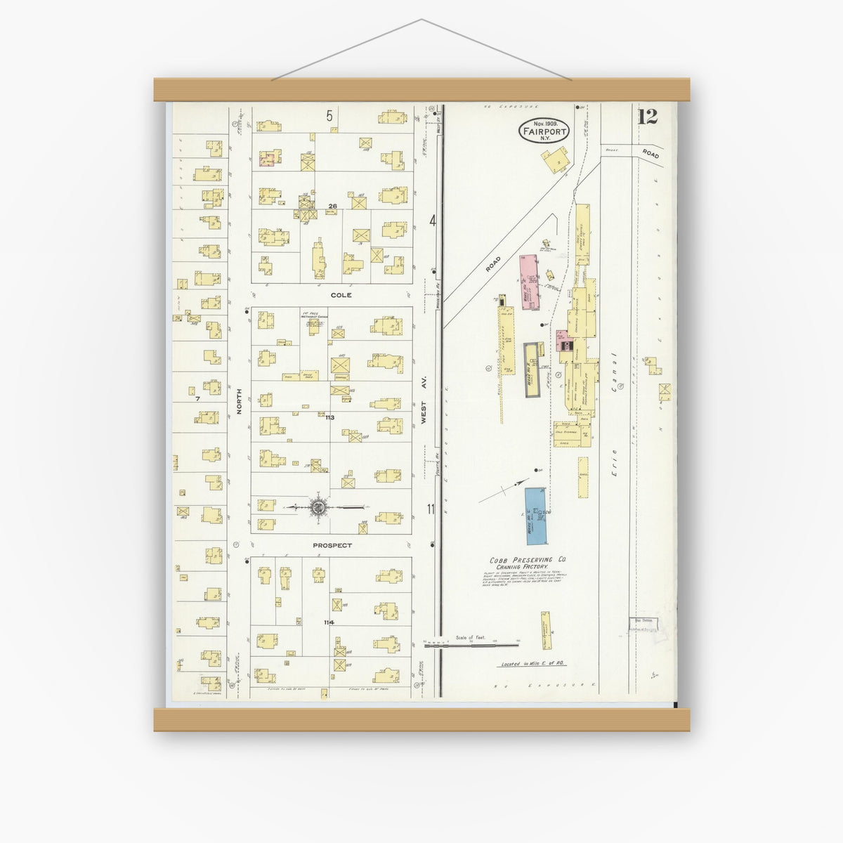 Old map wall art mockup — magnetic wood frame on white wall — Sanborn Fire Insurance Map from Fairport, Monroe County, New York (1909), Sheet #0012