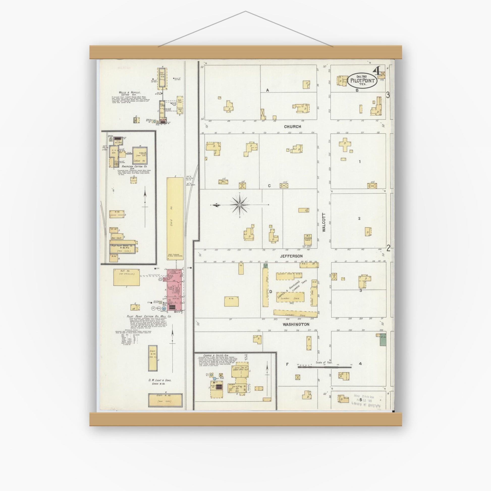 Old map wall art mockup — magnetic wood frame on white wall — Sanborn Fire Insurance Map from Pilot Point, Denton County, Texas (1901), Sheet #0004
