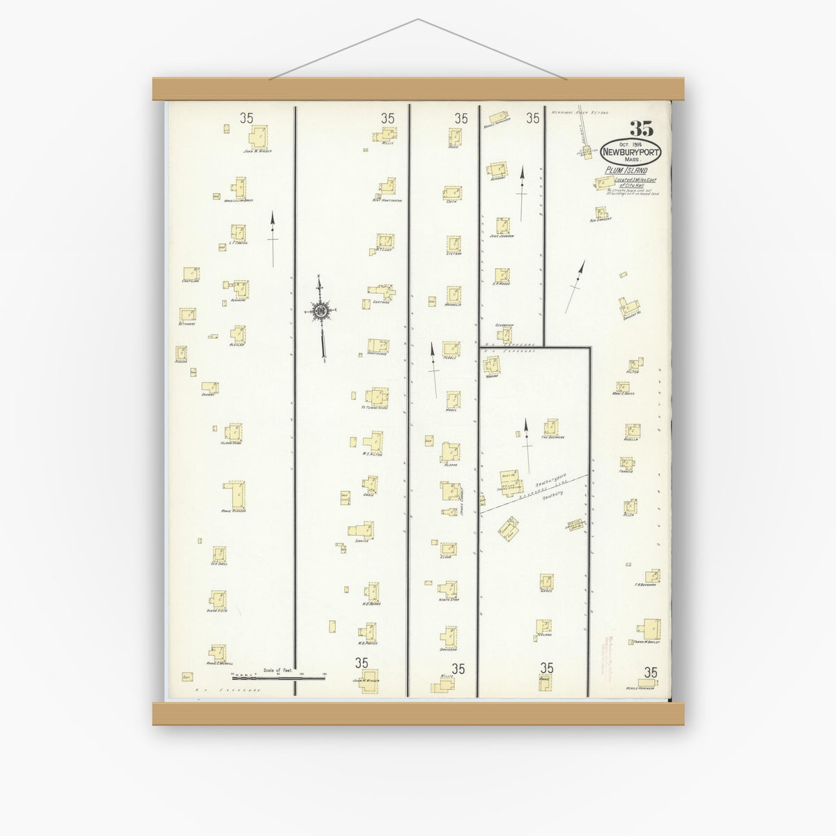 Old map wall art mockup — magnetic wood frame on white wall — Sanborn Fire Insurance Map from Newburyport, Essex County, Massachusetts (1914), Sheet #0035