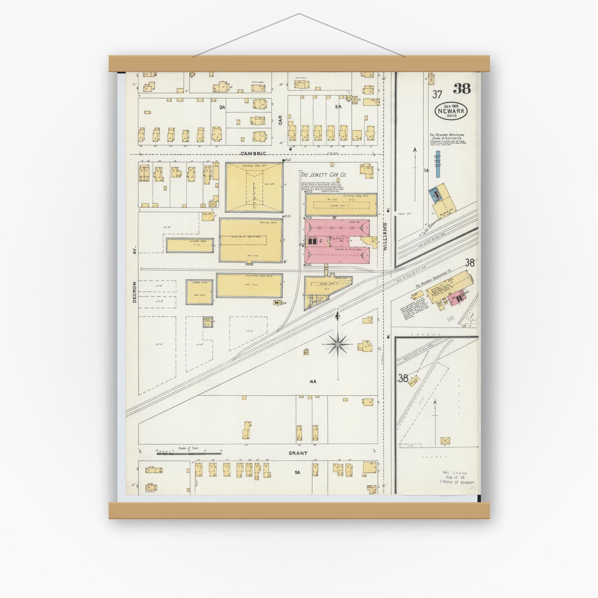 Old map wall art mockup — magnetic wood frame on white wall — Sanborn Fire Insurance Map from Newark, Licking County, Ohio (1905), Sheet #0038