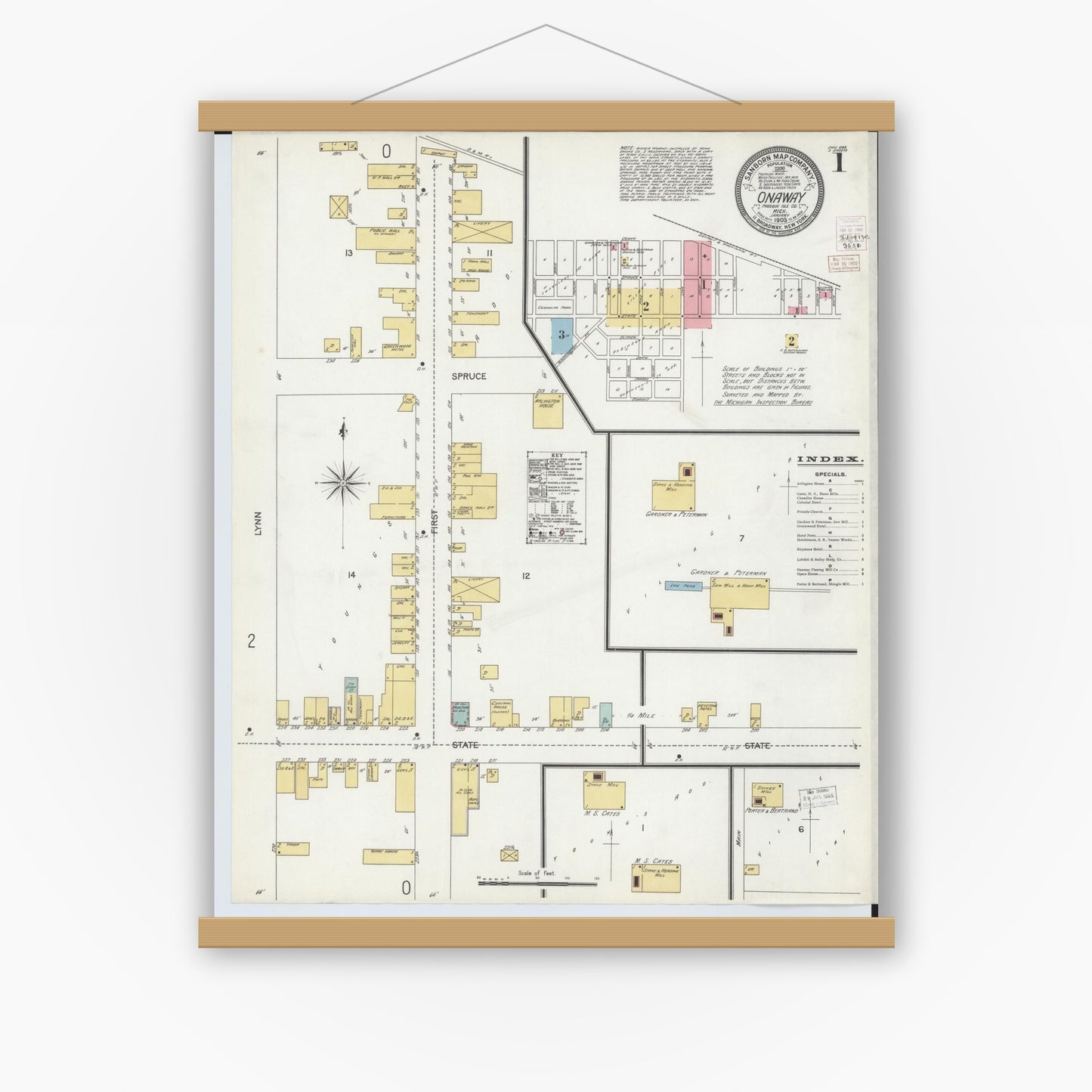 Old map wall art mockup — magnetic wood frame on white wall — Sanborn Fire Insurance Map from Onaway, Presque Isle County, Michigan (1903) - Complete Map Set